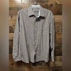 Tasso Elba Men’s Button-Down Shirt L 16–16.5 Gray White Blue Stripe 100% Cotton